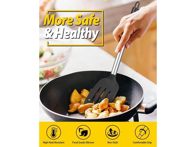 Pack of 4 Silicone Cooking Utensils Set, Non Stick Large Solid Spatulas, Heat Resistant Black Slotted Spoons, Ideal BPA Free Kitchen Turners for...