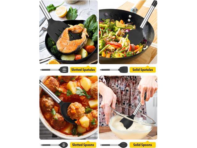 Pack of 4 Silicone Cooking Utensils Set, Non Stick Large Solid Spatulas, Heat Resistant Black Slotted Spoons, Ideal BPA Free Kitchen Turners for...