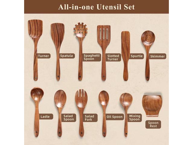 Wooden Spoons for Cooking, 12 Pcs Nonstick Wooden Cooking Utensils Set with Comfort Grip 100% Natural Teak Wood - Sturdy, Lightweight & Heat...