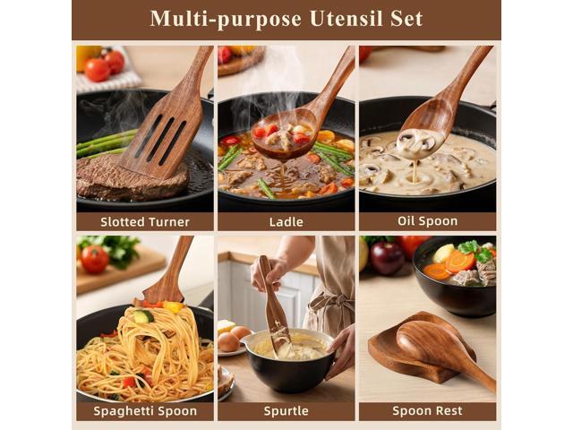 Wooden Spoons for Cooking, 12 Pcs Nonstick Wooden Cooking Utensils Set with Comfort Grip 100% Natural Teak Wood - Sturdy, Lightweight & Heat...