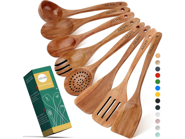 AIUHI Wood Spoons for Cooking, Nonstick Kitchen Utensil Set, Wooden Spoons Cooking Utensil Set Non Scratch Natural Teak Wooden Utensils for Cooking...