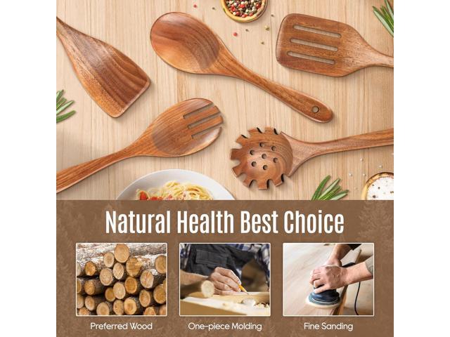 5 PCS Wooden Spoons for Cooking Natural Teak Kitchen Utensils Set Smooth Non-Stick Surface Cooking Utensils Set Soft Comfort-Grip Wooden Spatula Set