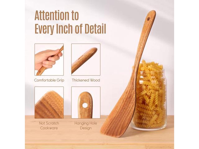 5 PCS Wooden Spoons for Cooking Natural Teak Kitchen Utensils Set Smooth Non-Stick Surface Cooking Utensils Set Soft Comfort-Grip Wooden Spatula Set