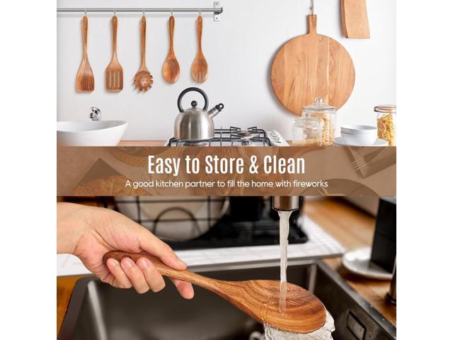 5 PCS Wooden Spoons for Cooking Natural Teak Kitchen Utensils Set Smooth Non-Stick Surface Cooking Utensils Set Soft Comfort-Grip Wooden Spatula Set
