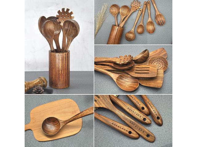 Wooden Spoons for Cooking,10 Pcs Natural Teak Wooden Kitchen Utensils Set Wooden Utensils for Cooking Wooden Cooking Utensils Wooden Spatulas for...