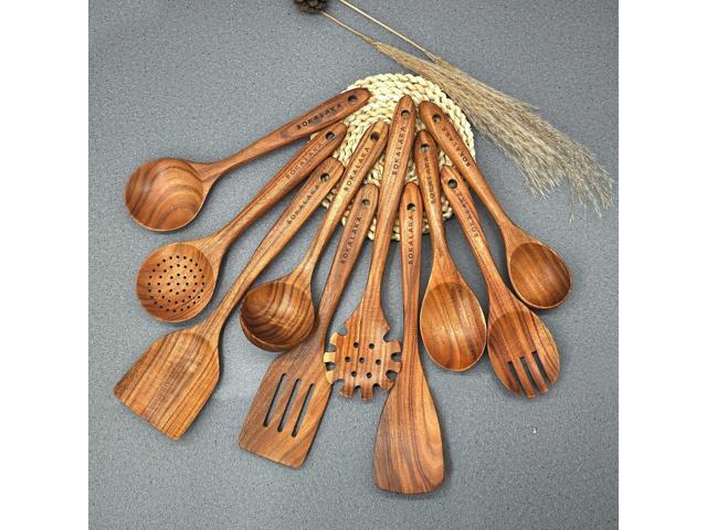 Wooden Spoons for Cooking,10 Pcs Natural Teak Wooden Kitchen Utensils Set Wooden Utensils for Cooking Wooden Cooking Utensils Wooden Spatulas for...