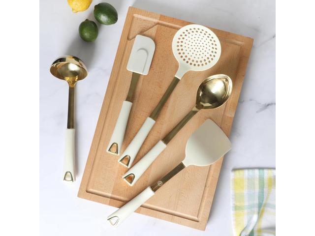 Martha Stewart Lockton 5-Piece Stainless Steel & Nylon Kitchen Tool Set - Linen w/Gold