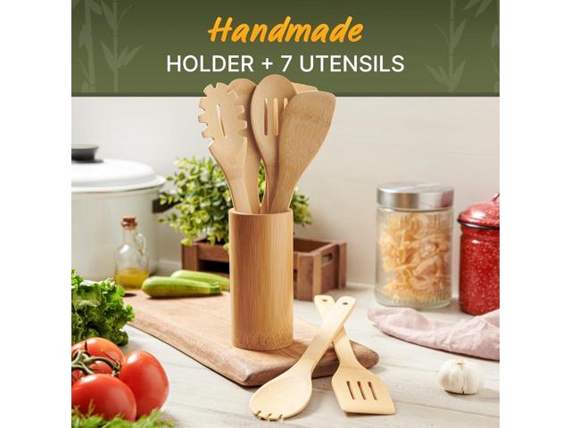 Bamboo Utensils 7 PCs with Holder Bamboo Cooking Utensils Set + Holder for Nonstick Wooden Spoon Sets for Cooking Easy to Clean, Sturdy,...