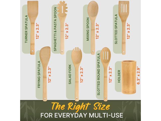 Bamboo Utensils 7 PCs with Holder Bamboo Cooking Utensils Set + Holder for Nonstick Wooden Spoon Sets for Cooking Easy to Clean, Sturdy,...