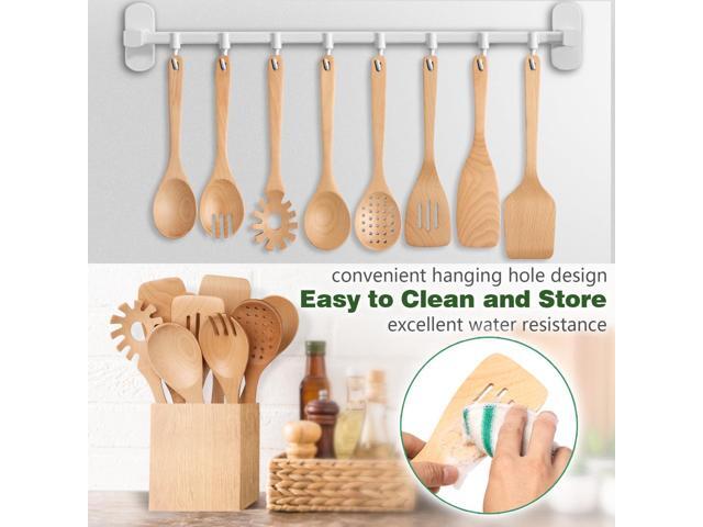 Wooden Spoons for Cooking, 8 Pcs Beech Wood Wooden Kitchen Cooking Spoon Utensil Tools Set Includes Spatula Skimmer Pasta Scoop Non-Stick Cookware...