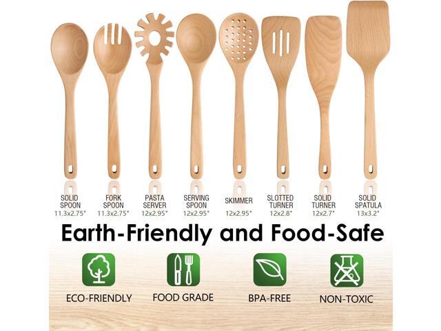 Wooden Spoons for Cooking, 8 Pcs Beech Wood Wooden Kitchen Cooking Spoon Utensil Tools Set Includes Spatula Skimmer Pasta Scoop Non-Stick Cookware...