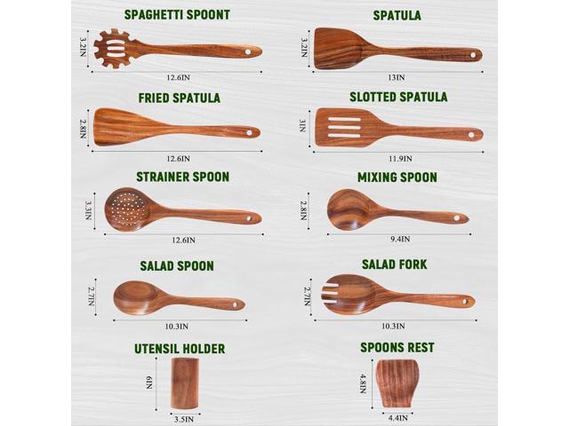 Wood Spoons for Cooking, Natural Teak Wooden Utensils Set, 10 Piece Handmade Wooden Utensil Set with Holder and Spoon, Durable Nonstick Kitchen...