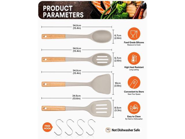 Silicone Cooking Utensils Set, Perfectly Angled for Frying, Mixing,Serving,Draining,Turning and Stirring, BPA-Free Matte Silicone, Wood Handles,...