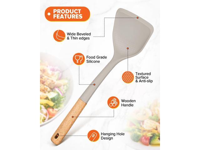 Silicone Cooking Utensils Set, Perfectly Angled for Frying, Mixing,Serving,Draining,Turning and Stirring, BPA-Free Matte Silicone, Wood Handles,...