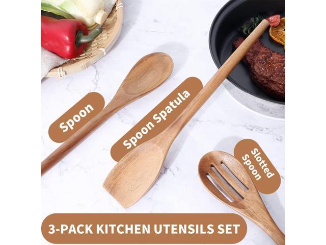 Delicate Wooden Utensils For Cooking, Set of 3, Wood Kitchen Utensils Cooking Tools, 12 Inch Acacia Wooden Spoons Spatula Set, Cooking Gadgets Safe...
