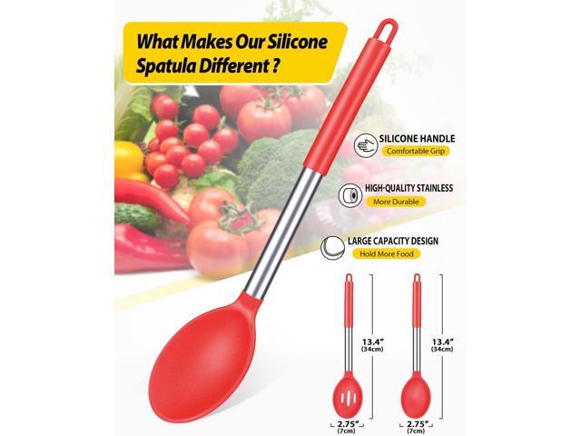 Pack of 2 Large Silicone Cooking Spoons,Non Stick Solid Basting Spoon,Heat-Resistant Kitchen Utensils for Mixing,Serving,Draining,Stirring (RED)