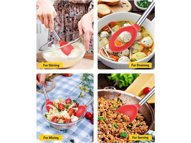 Pack of 2 Large Silicone Cooking Spoons,Non Stick Solid Basting Spoon,Heat-Resistant Kitchen Utensils for Mixing,Serving,Draining,Stirring (RED)