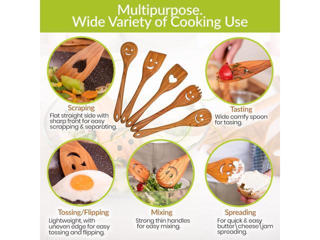 MFC 5-Piece Wooden Cooking Spoons - Kitchen Spatula Set from Natural Cherry Wood - Wooden Spoons for Cooking - Funny Utensil Set with Smiley Faces...