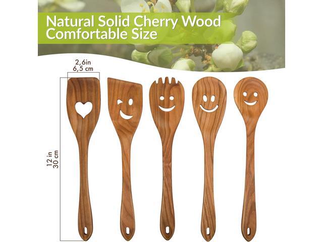 MFC 5-Piece Wooden Cooking Spoons - Kitchen Spatula Set from Natural Cherry Wood - Wooden Spoons for Cooking - Funny Utensil Set with Smiley Faces...