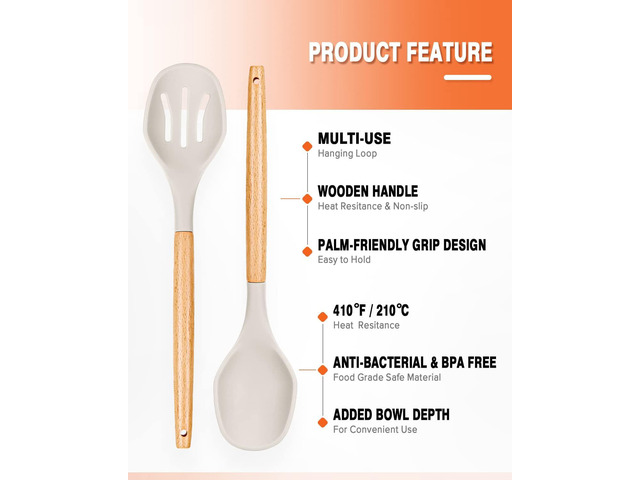 Large Silicone Cooking Spoons, 2 Pack Nonstick Solid and Slotted Wooden handle Spoon Set, Heat Resistan Silicone Kitchen Spoons for Cooking,...