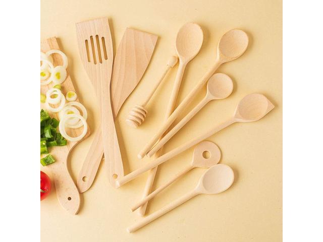 tuuli Kitchen - 9-Piece Wooden Cooking Utensils Set, Specially Designed Solid Beechwood Wooden Spoons, Wood Spatula and Honey Dipper, Durable...
