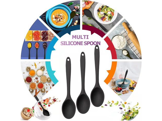 Silicone Serving Spoons Set of 3, Silicone Cooking Spoons 10.6' Nonstick, Resistant to 480 (3 PCS Black)