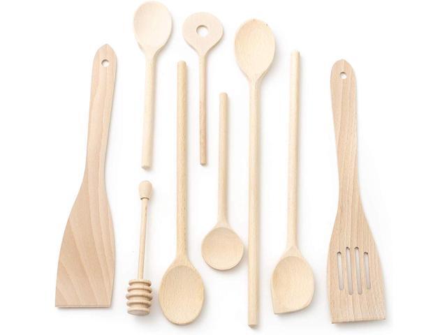 tuuli Kitchen - 9-Piece Wooden Cooking Utensils Set, Specially Designed Solid Beechwood Wooden Spoons, Wood Spatula and Honey Dipper, Durable...