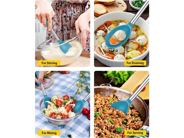 Pack of 2 Large Silicone Cooking Spoons,Non Stick Solid Basting Spoon,Heat-Resistant Kitchen Utensils for Mixing,Serving,Draining,Stirring (BLUE)