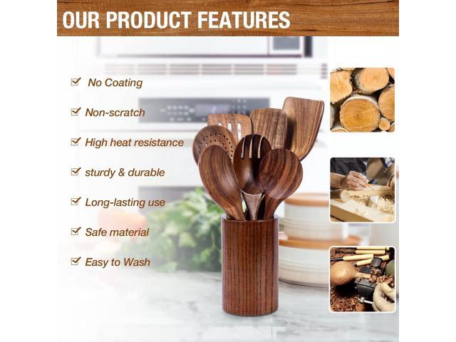 Teak Wood Cooking Utensils Set - 9-Piece Nonstick Safe Kitchen Utensils with Holder, Spoon Rest & 6 Metal Hooks, Natural Wooden Cookware for...