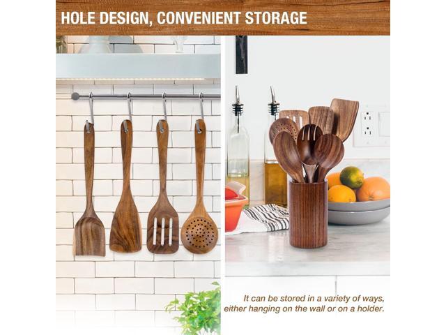 Teak Wood Cooking Utensils Set - 9-Piece Nonstick Safe Kitchen Utensils with Holder, Spoon Rest & 6 Metal Hooks, Natural Wooden Cookware for...