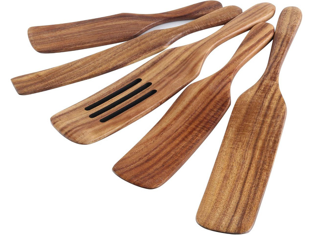 5Pcs Wooden Spoons Kit for Cooking Durable Acacia Wood Spurtles Kitchen Tools and Utensils Long Handle for Nonstick Cookware,Salad Strainer and...