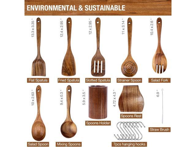 Teak Wood Cooking Utensils Set - 9-Piece Nonstick Safe Kitchen Utensils with Holder, Spoon Rest & 6 Metal Hooks, Natural Wooden Cookware for...