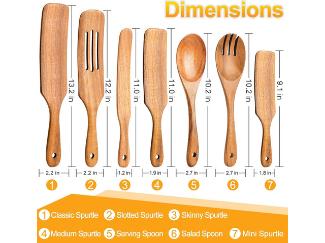 Spurtles Kitchen Tools Wooden, 7Pcs Wooden Spoons for Cooking, Natural Premium Spatula Set, Heat Resistant Cooking Utensil for Nonstick Cookware,...