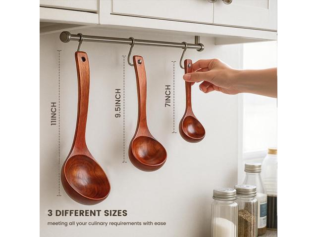 HANSGO Wooden Ladle for Soup, 3 Size Wooden Spoons for Cooking, Non-Stick Wood Kitchen Utensils for Stirring Stewing and Serving
