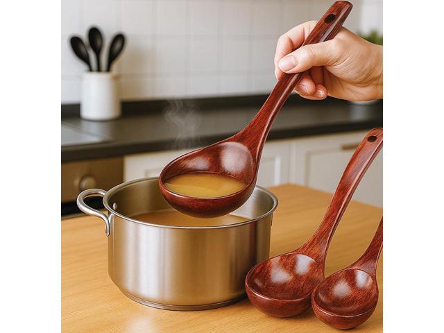 HANSGO Wooden Ladle for Soup, 3 Size Wooden Spoons for Cooking, Non-Stick Wood Kitchen Utensils for Stirring Stewing and Serving