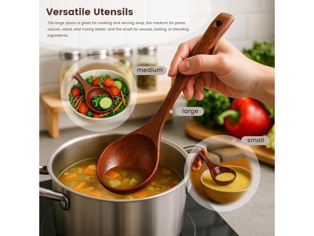 HANSGO Wooden Ladle for Soup, 3 Size Wooden Spoons for Cooking, Non-Stick Wood Kitchen Utensils for Stirring Stewing and Serving