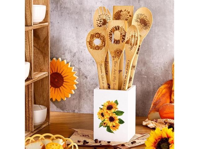 7 Pcs Sunflower Kitchen Utensils Set Bamboo Spoons for Cooking with Utensils Holder Sunflower Kitchen Decor Cute Utensil Caddy Farmhouse Kitchen...