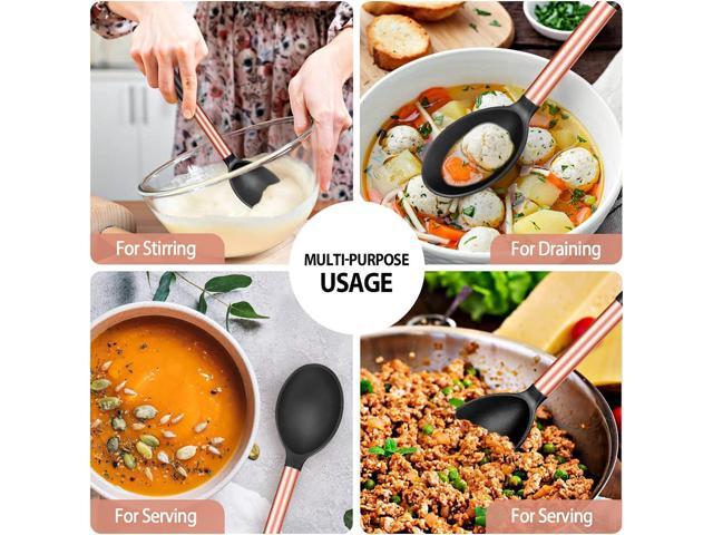 Pack of 2 Large Silicone Cooking Spoons,Non Stick Solid Basting Spoon,Heat-Resistant Kitchen Utensils for Mixing,Serving,Draining,Stirring (ROSE...