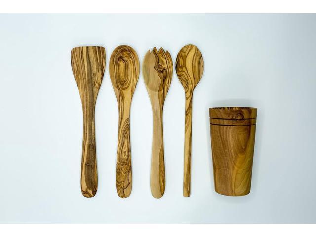 Olive Wood 5-Piece Wooden Cooking Utensil Set - Includes holder with spatula, cooking/mixing spoon, salad spoon and fork - Handcrafted in Tunisia -...