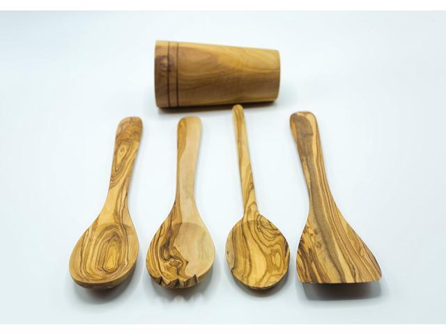 Olive Wood 5-Piece Wooden Cooking Utensil Set - Includes holder with spatula, cooking/mixing spoon, salad spoon and fork - Handcrafted in Tunisia -...
