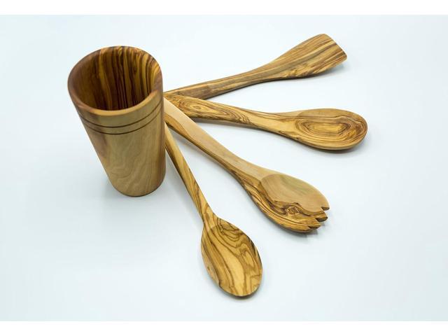 Olive Wood 5-Piece Wooden Cooking Utensil Set - Includes holder with spatula, cooking/mixing spoon, salad spoon and fork - Handcrafted in Tunisia -...
