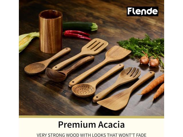 Wooden Cooking Utensils Set, 8-Piece Acacia Wood, Rustic, Non-Scratch, Heat Resistant, Natural Color, Plastic Free, Kitchen Utensils Set