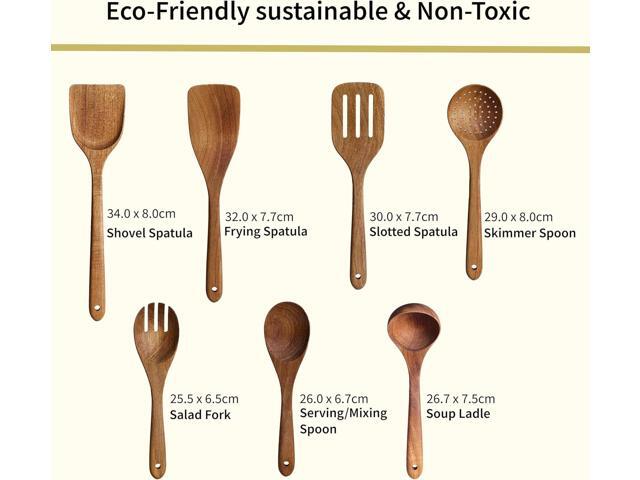 Wooden Cooking Utensils Set, 8-Piece Acacia Wood, Rustic, Non-Scratch, Heat Resistant, Natural Color, Plastic Free, Kitchen Utensils Set