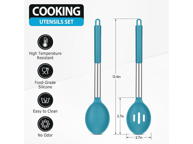 Pack of 2 Large Silicone Cooking Spoons, Non-Stick Stainless Steel Slotted and Solid Spoon Set for Serving, Mixing, Draining, Heat Resistant,...