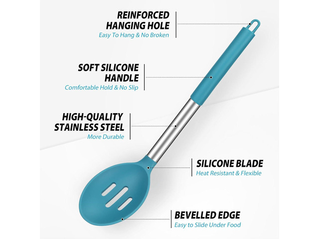 Pack of 2 Large Silicone Cooking Spoons, Non-Stick Stainless Steel Slotted and Solid Spoon Set for Serving, Mixing, Draining, Heat Resistant,...