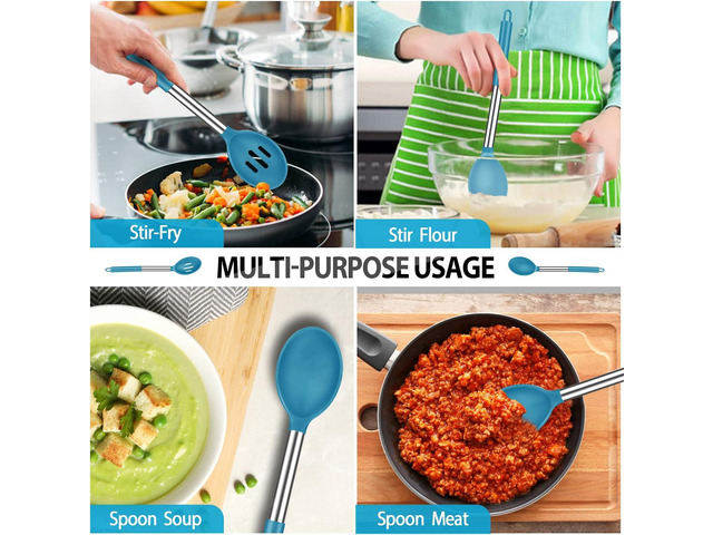 Pack of 2 Large Silicone Cooking Spoons, Non-Stick Stainless Steel Slotted and Solid Spoon Set for Serving, Mixing, Draining, Heat Resistant,...