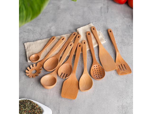 11 PCS WOSPONFAN Kitchen Utensils Set - Wooden Spoons for Cooking, Natural Beech Wood Wooden Utensils - Includes Wooden Spoons, Spatula Set,...