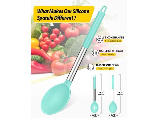 Pack of 2 Large Silicone Cooking Spoons,Non Stick Solid Basting Spoon,Heat-Resistant Kitchen Utensils for Mixing,Serving,Draining,Stirring (GREEN)
