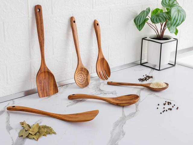 6-Pcs Wooden Spoons for Cooking - Smooth Finish Acacia Utensils -Wood Spoons for serving - -Non-Stick Cooking Utensils made of wood -