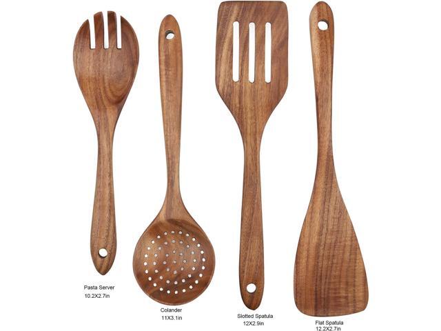 Wooden Cooking Utensils Set 4-Piece Wood Kitchen Utensil Set for Non Stick Cookware Wooden Spatula,Fork,Turner,Ladle,Strainer Spoons